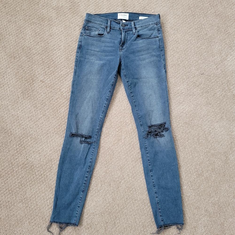 FRAME Le Skinny de Jeanne with Raw Hem in Gifford Blue Jeans Size 25 - Picture 4 of 13